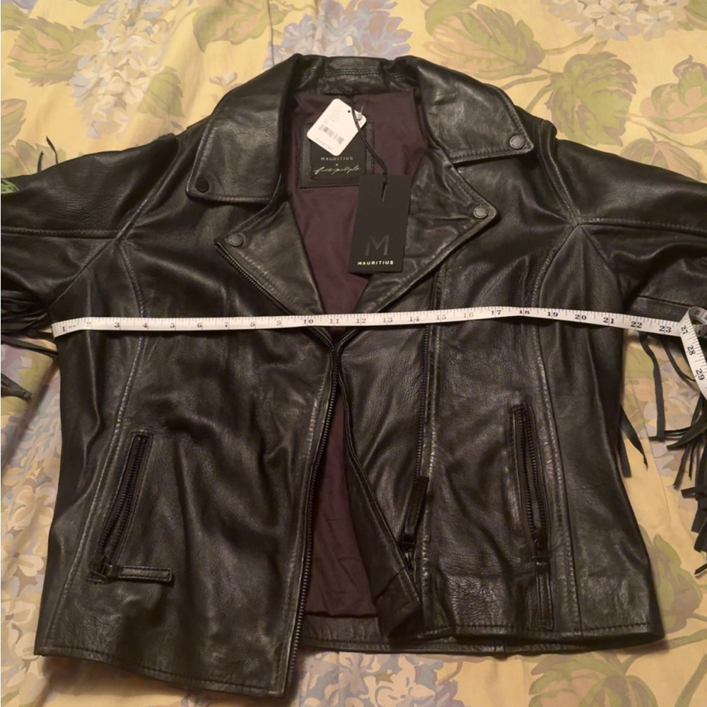 Free People Embroidered Black Leather Moto Jacket with Fringe - Floral Detail - Picture 14 of 17